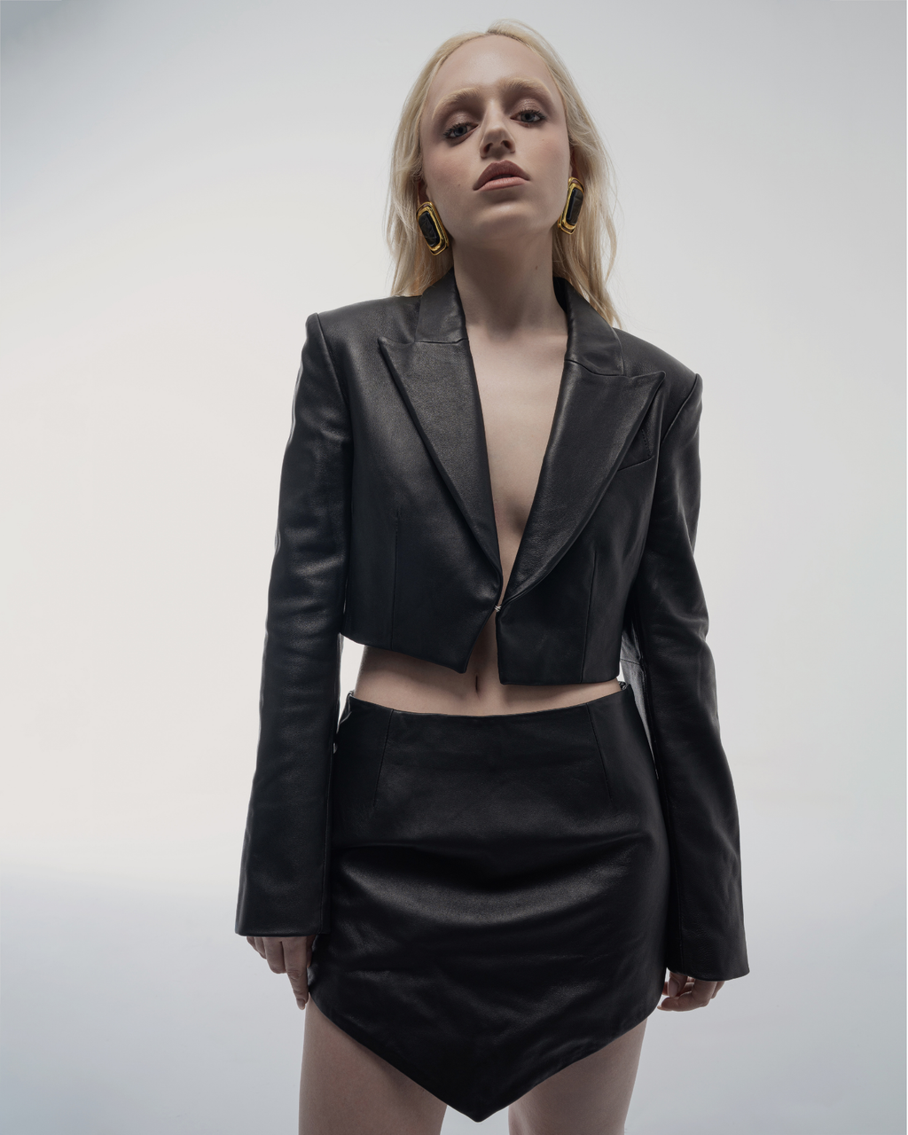 V shaped leather mini skirt