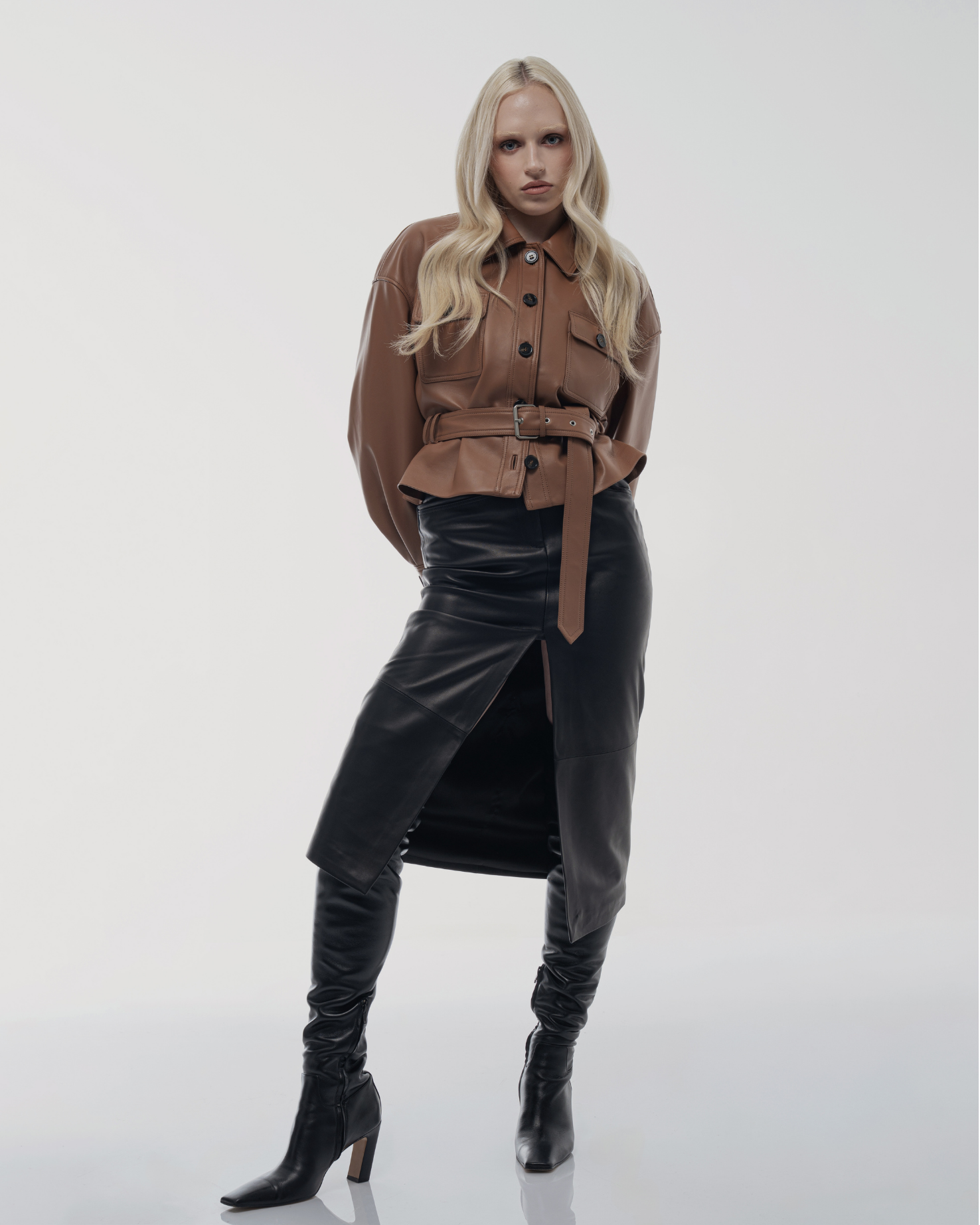 Leather front slit pencil skirt