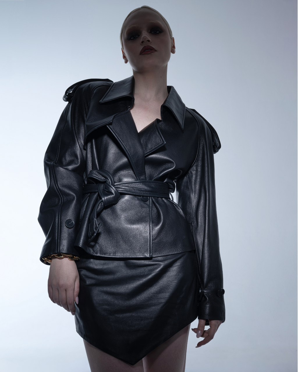 V shaped leather mini skirt