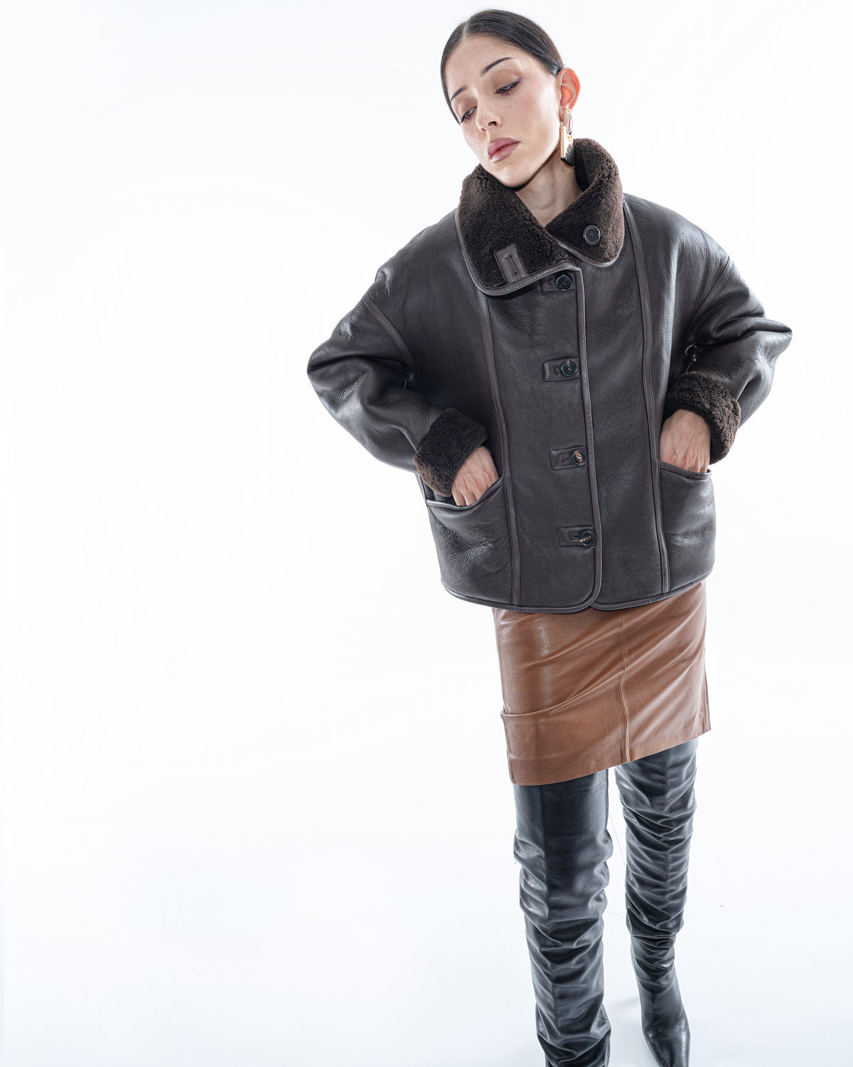 Celia brown leather midi skirt