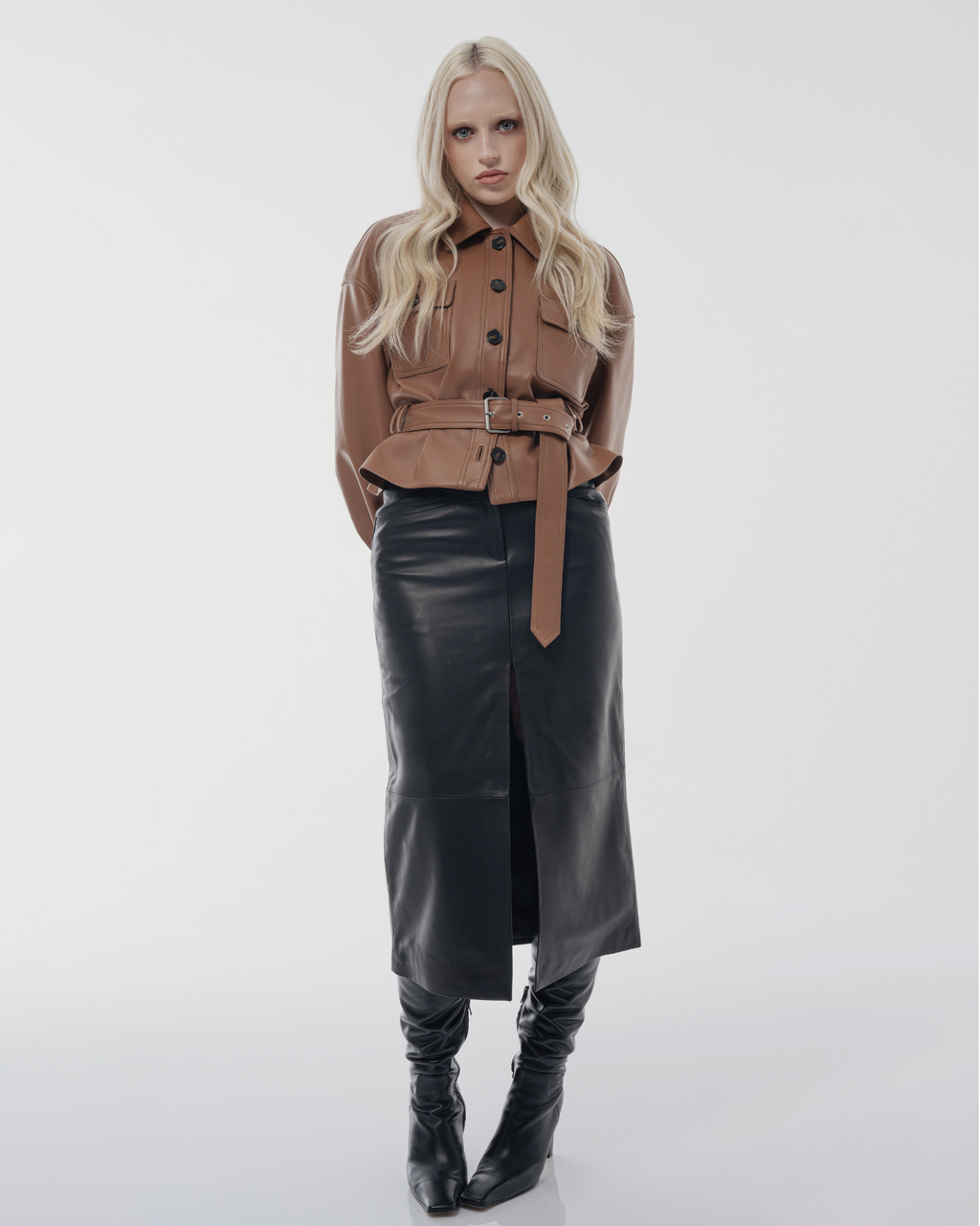 Leather front slit pencil skirt