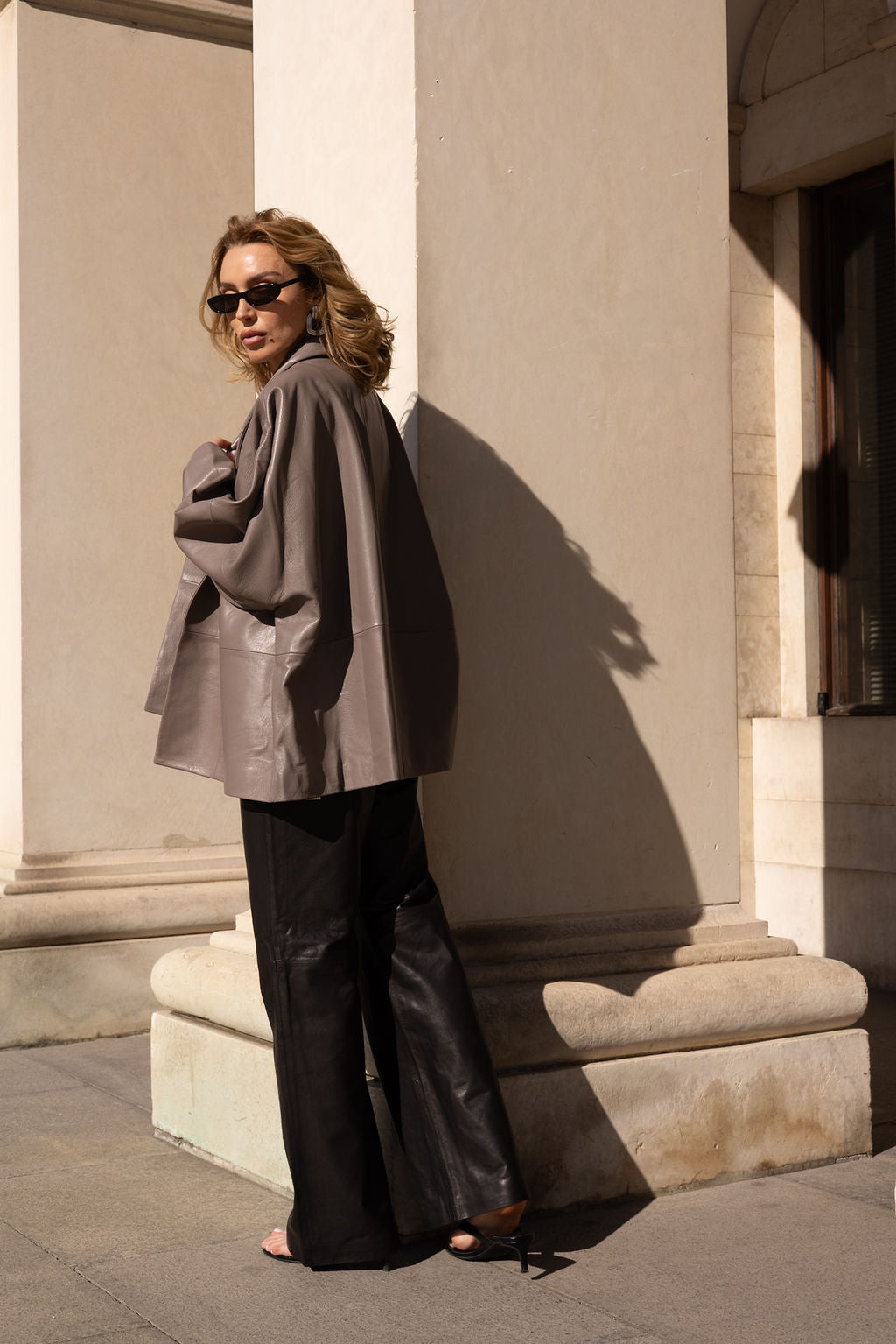 Grey straight leather coat