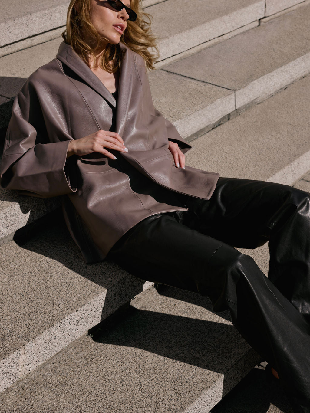 Grey straight leather coat