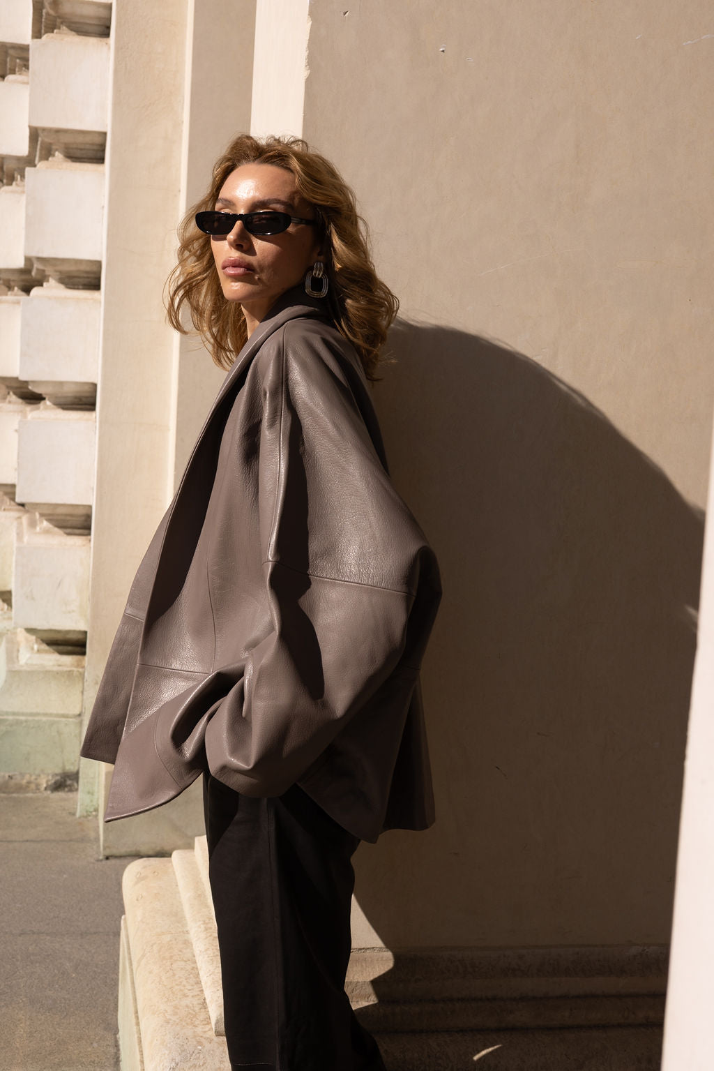 Grey straight leather coat