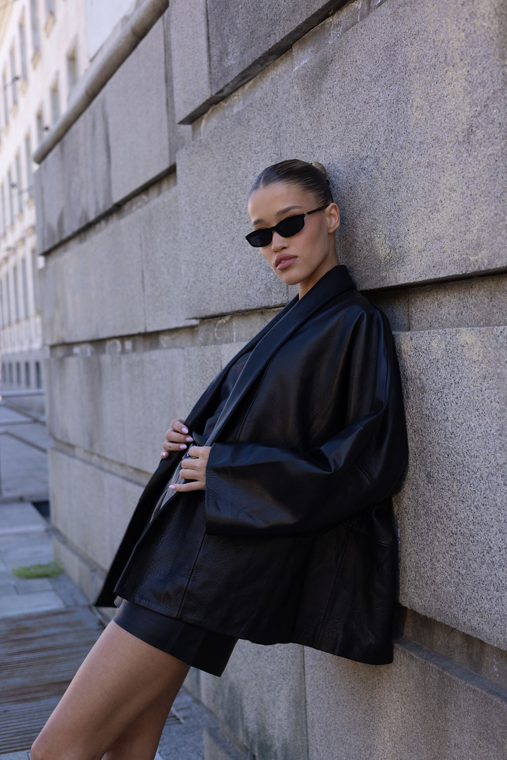 Black straight leather coat
