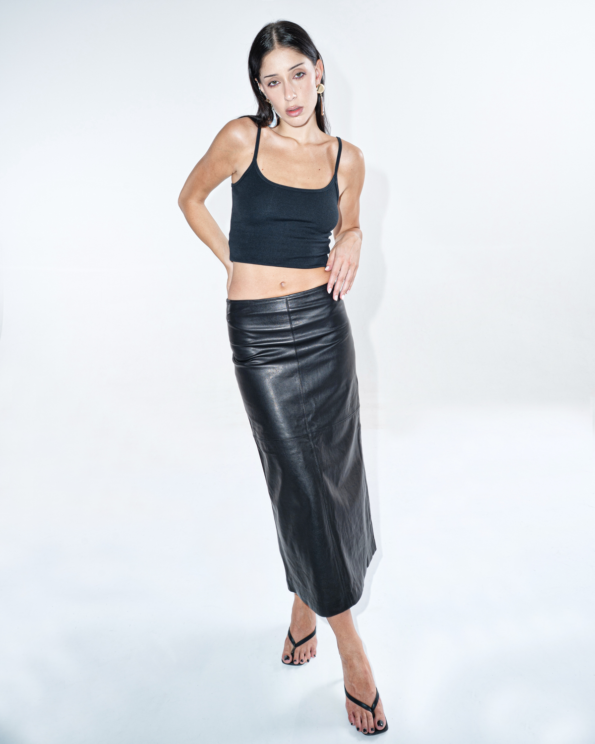 Lea low rise black leather straight midi skirt