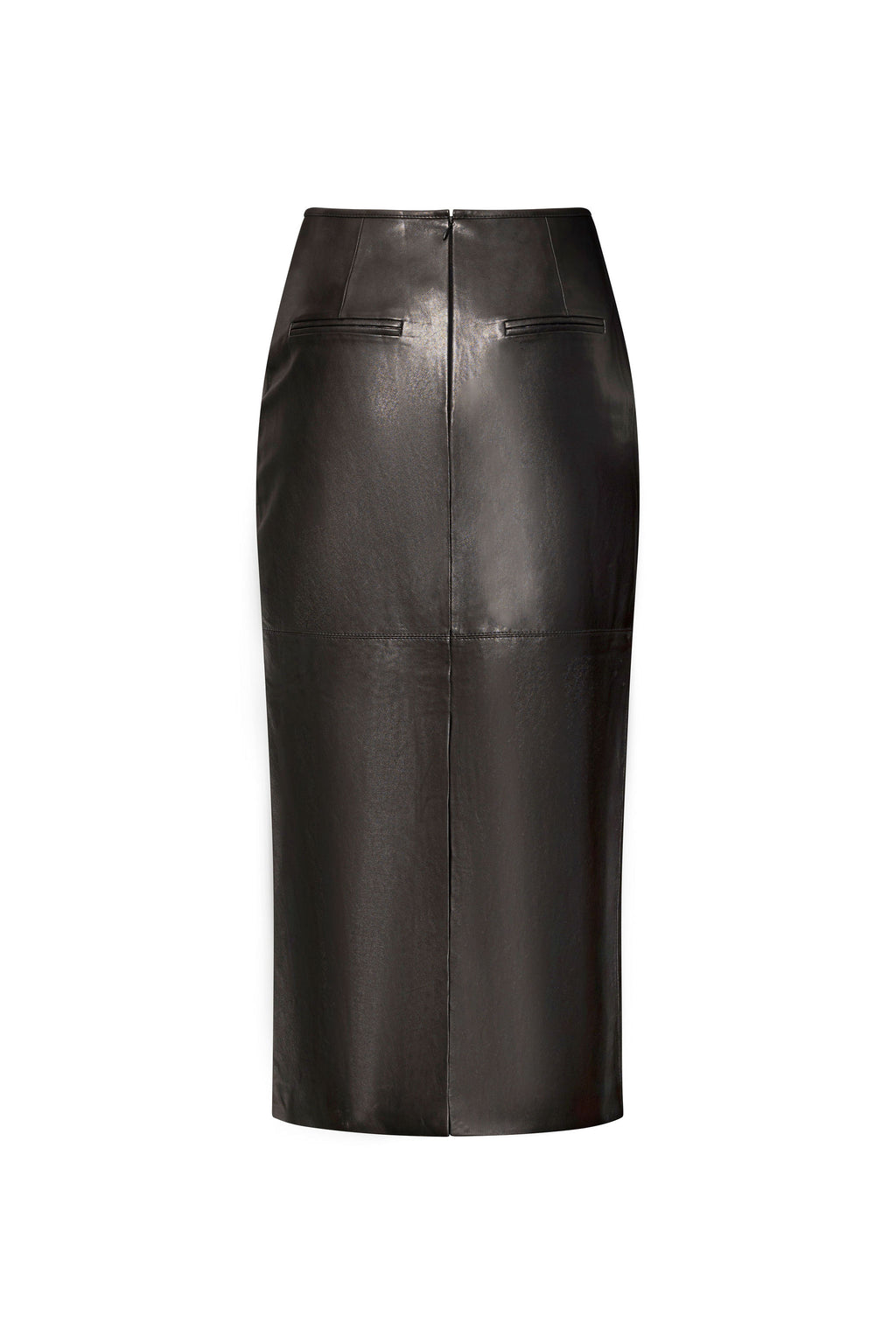 Black leather straight midi skirt