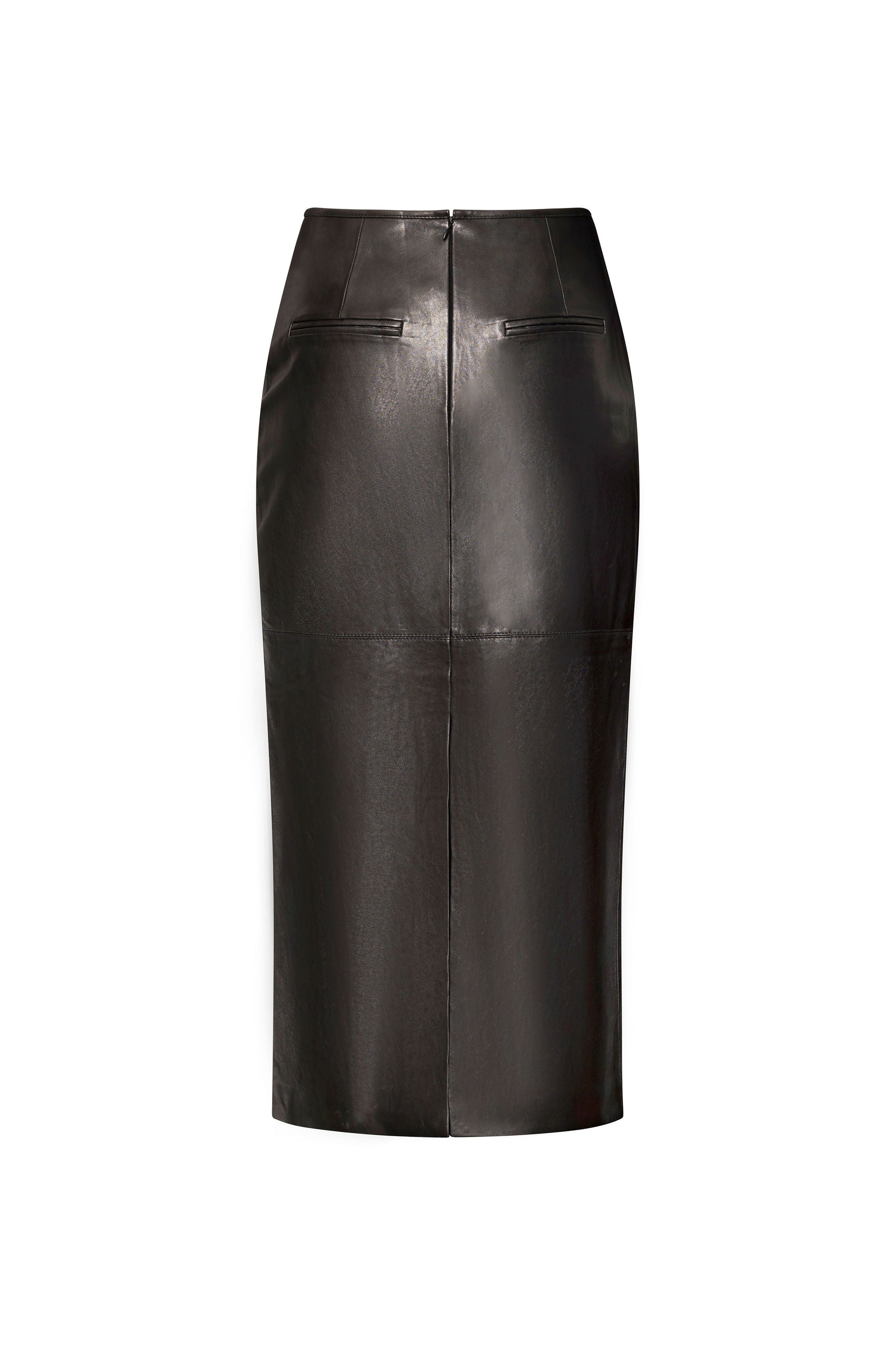 Black leather straight midi skirt