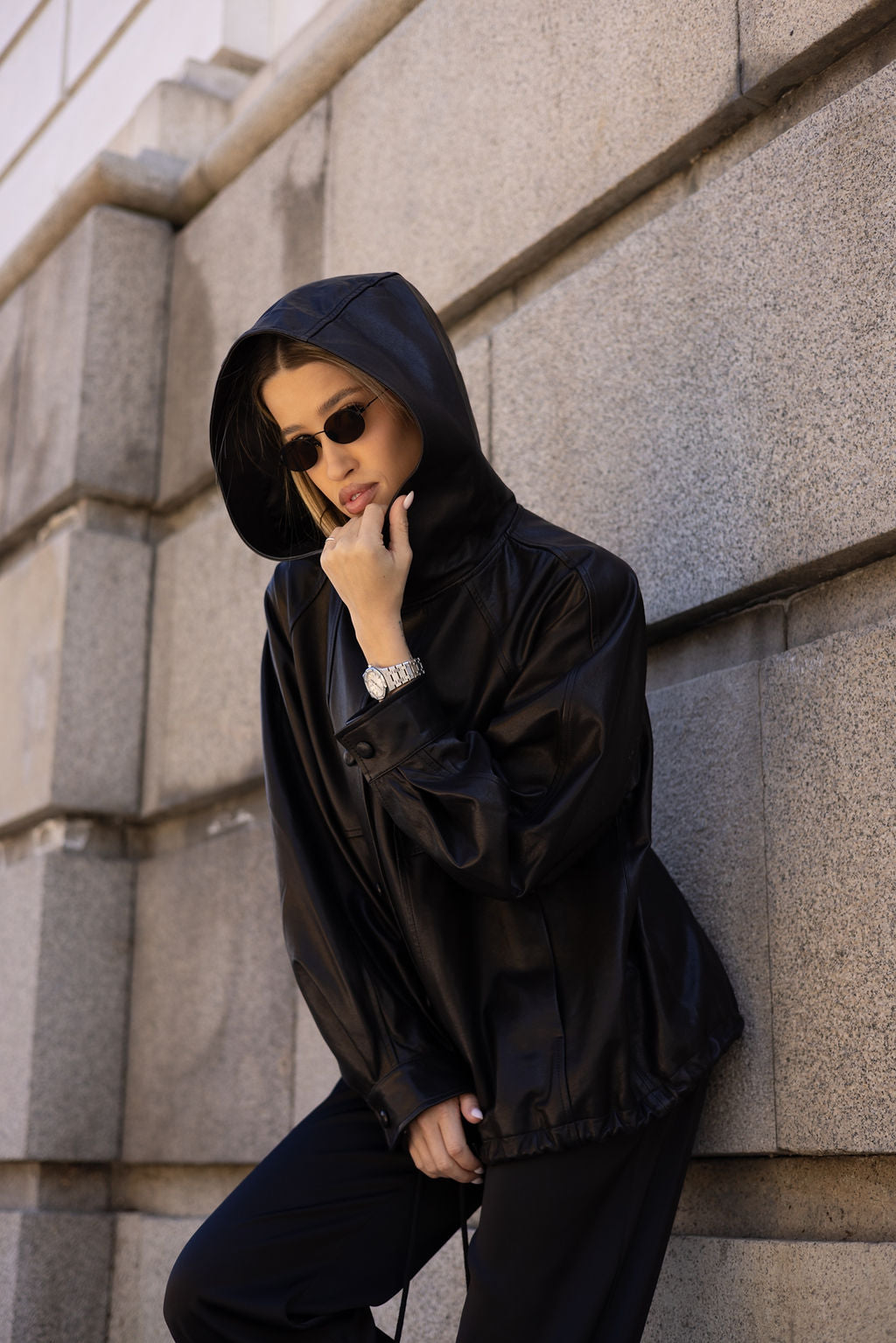 Black leather drawstring windbreaker
