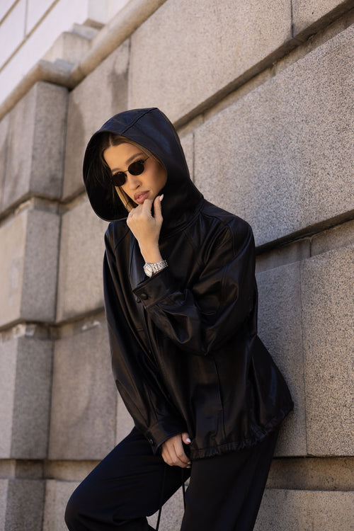 Black leather drawstring windbreaker