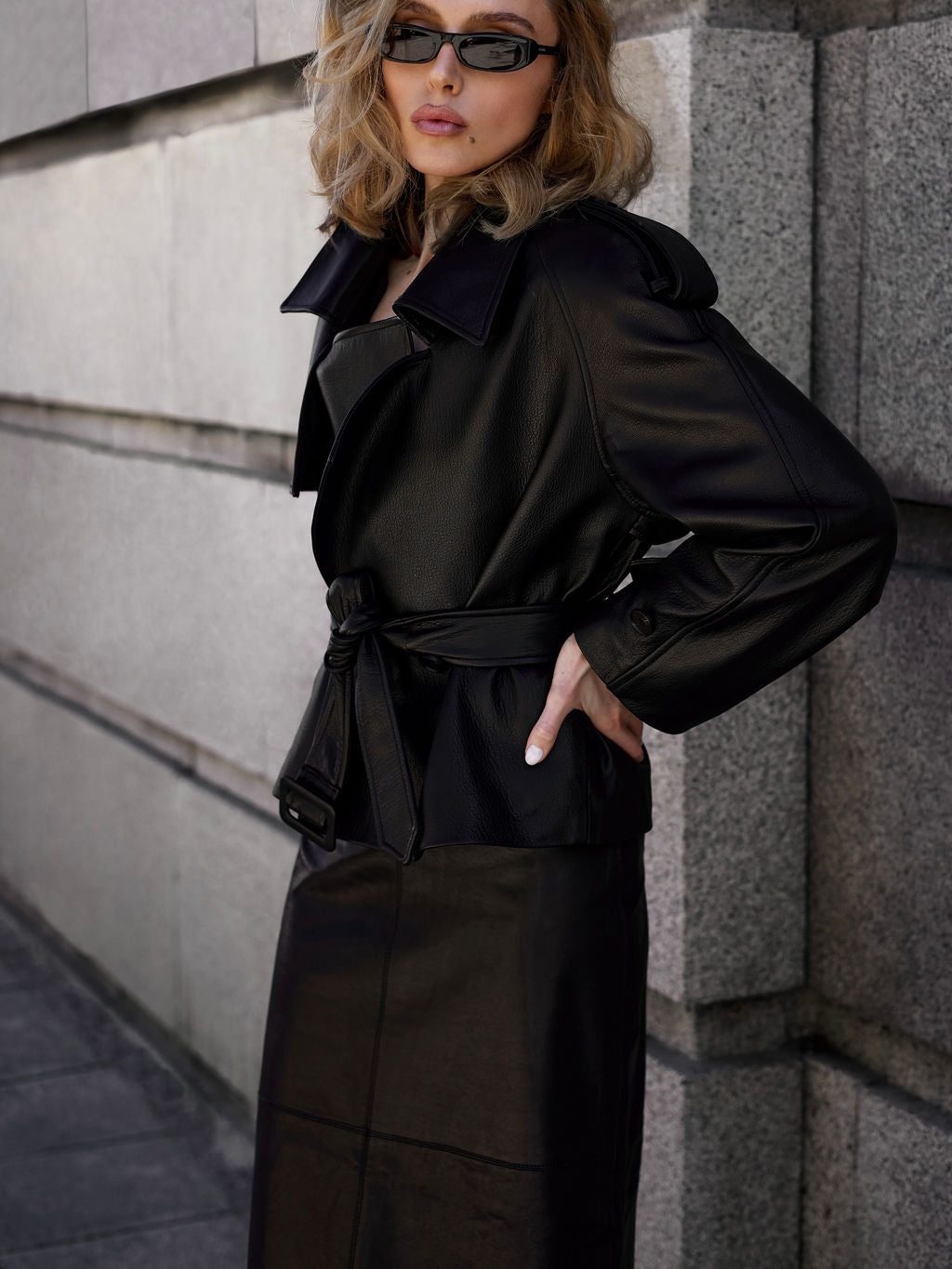 Black leather straight midi skirt