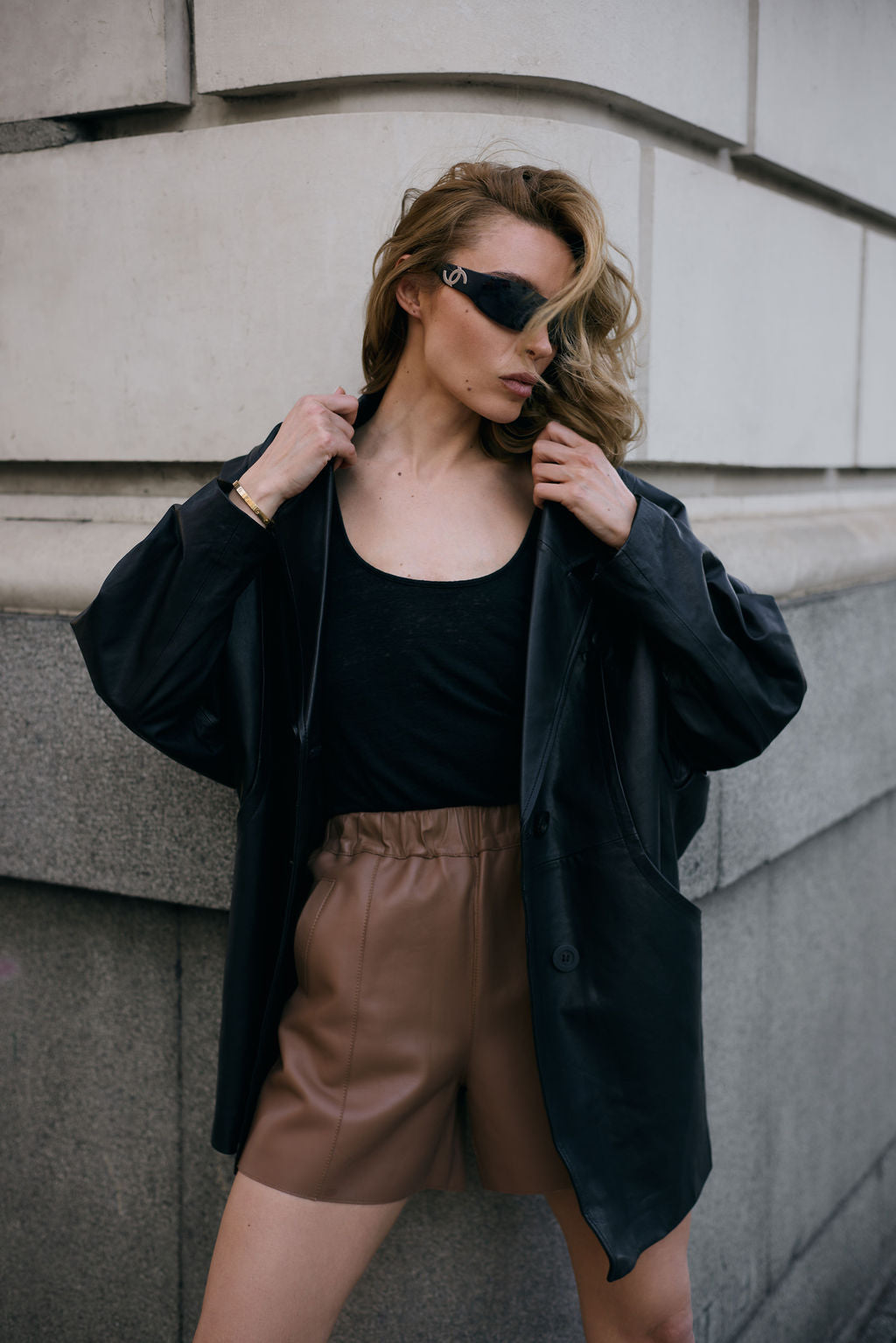 Camel structured leather shorts