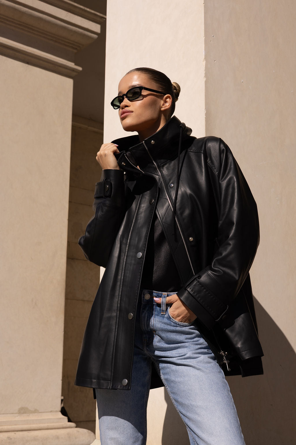 Funnel neck leather trench