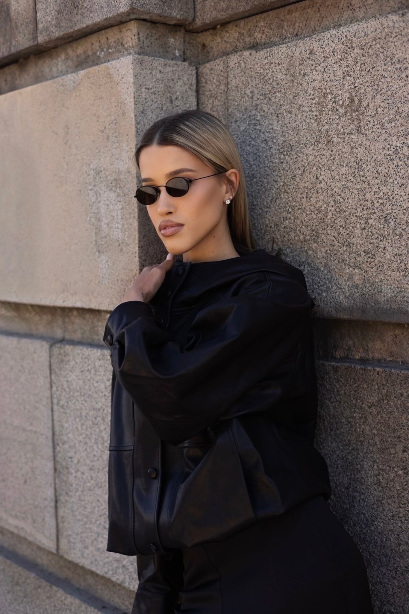 Black leather drawstring windbreaker