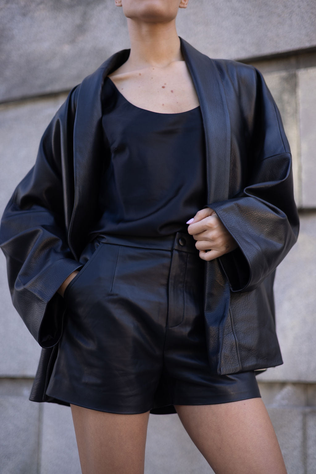 Black straight leather coat