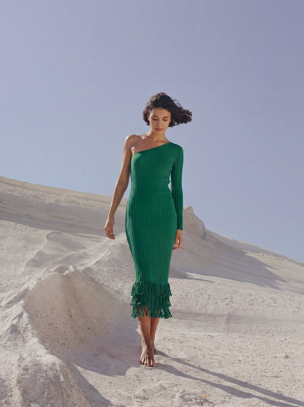 Green one sleeve knit midi dress