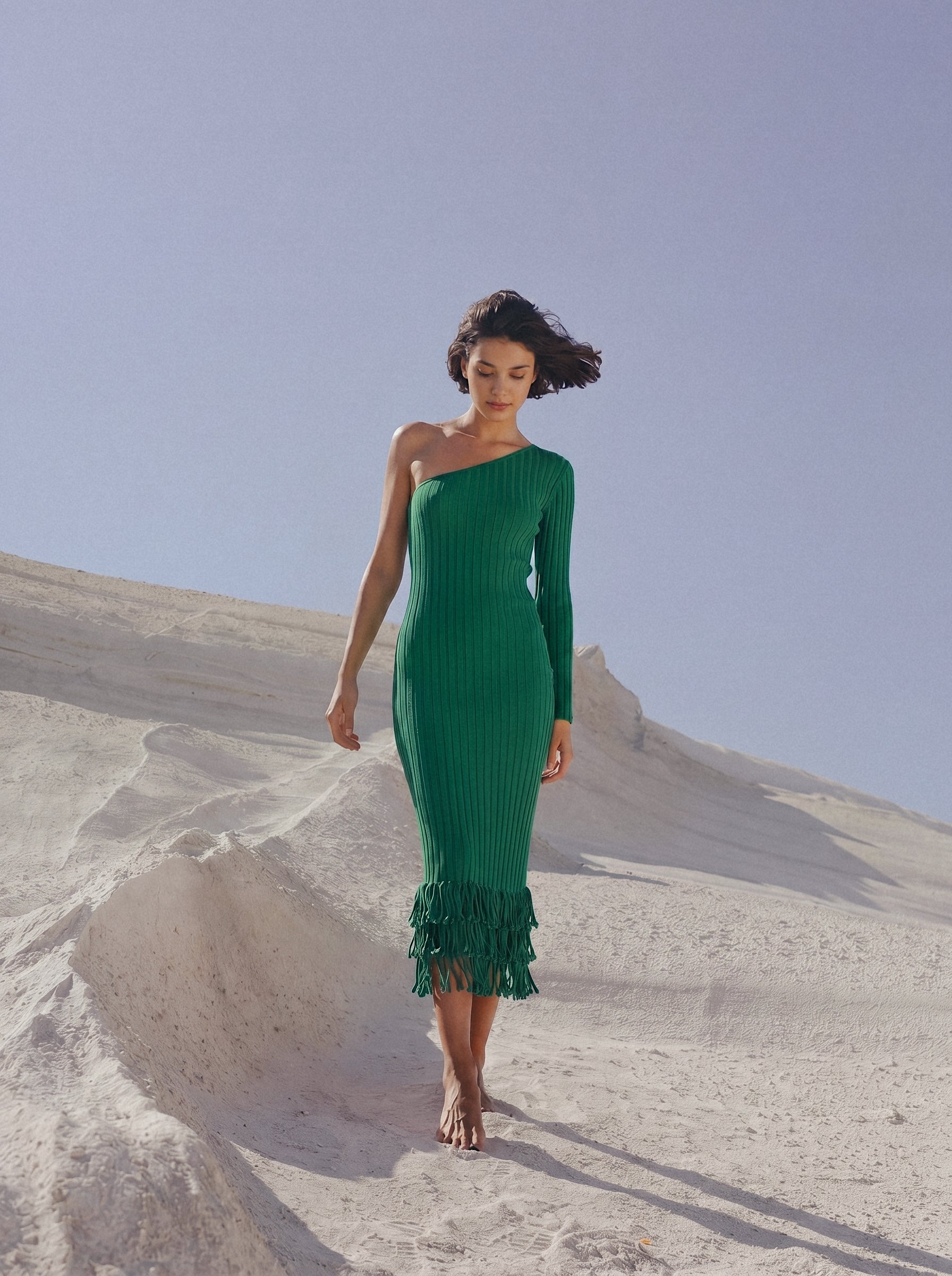 Green one sleeve knit midi dress