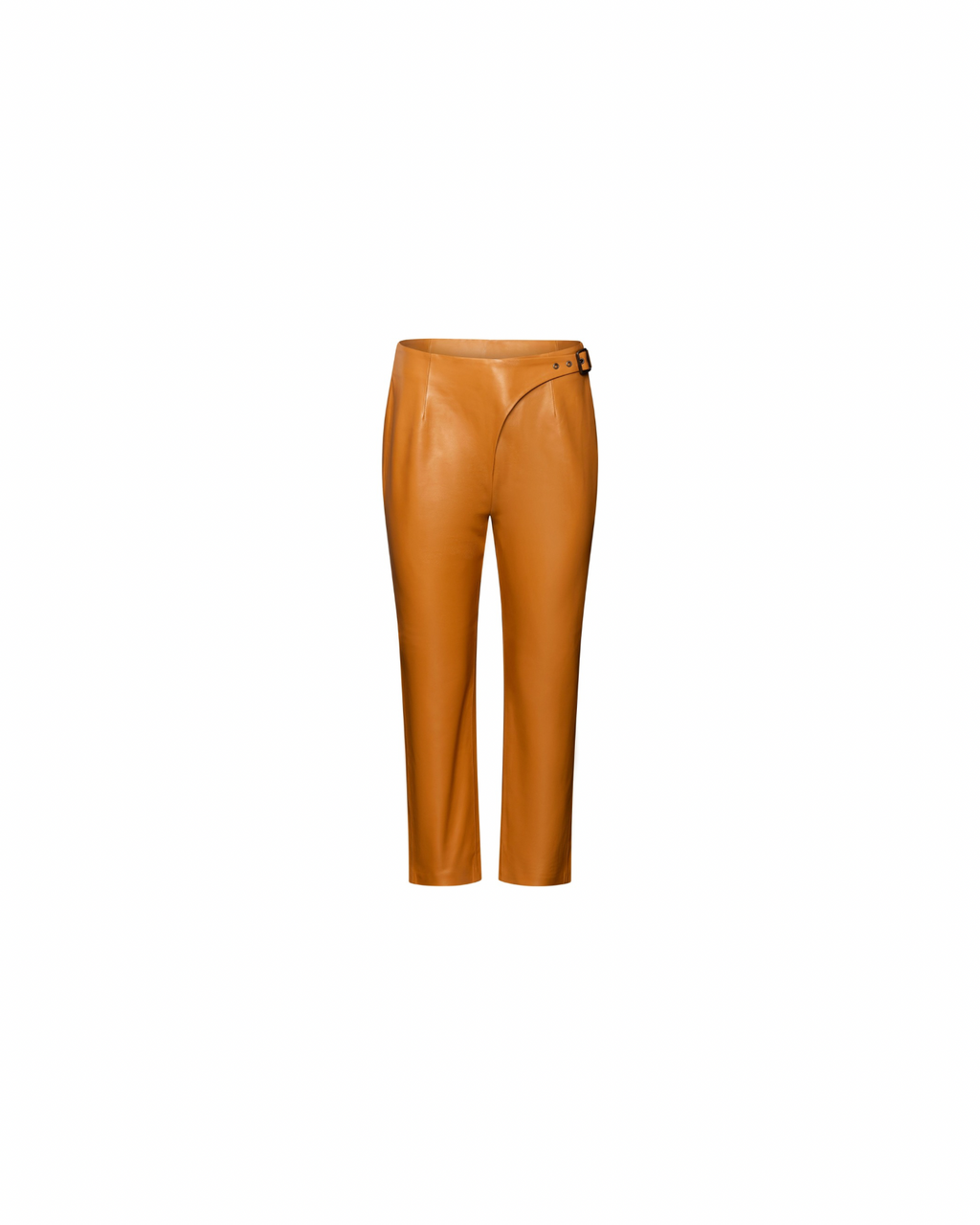 Caramel cropped leather pants with buckle detail