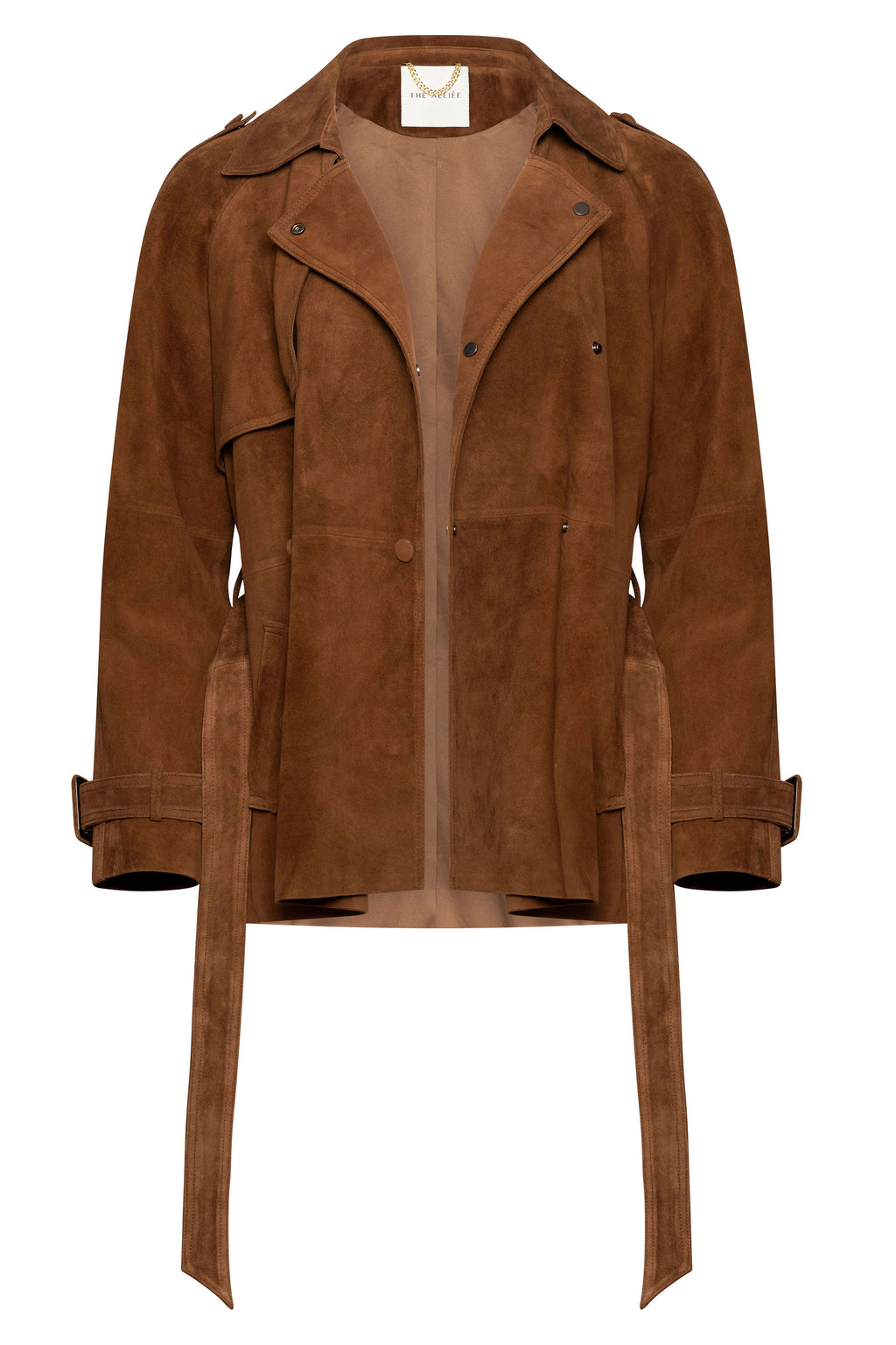 Brown belted suede trench coat