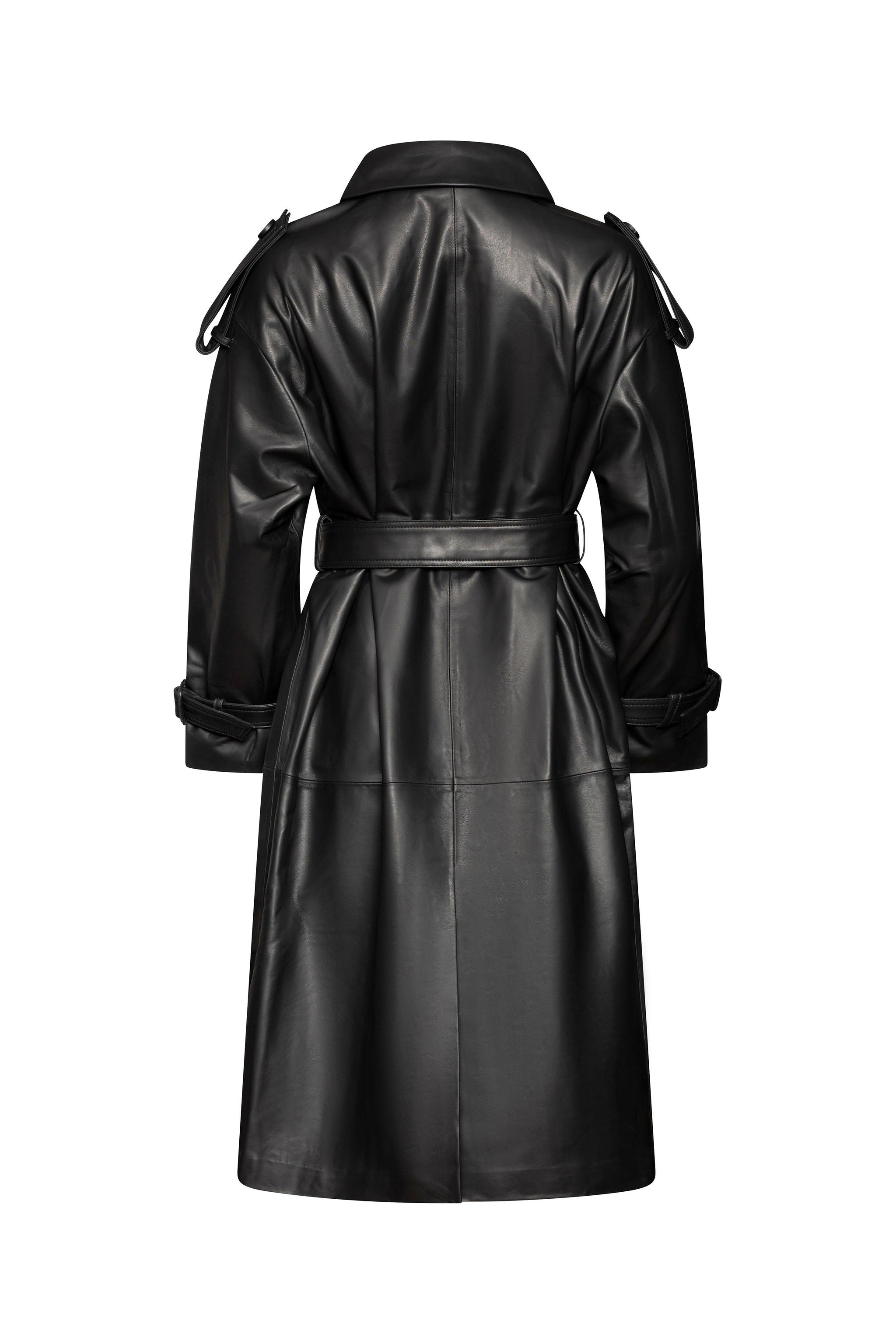 Black long leather belted trench