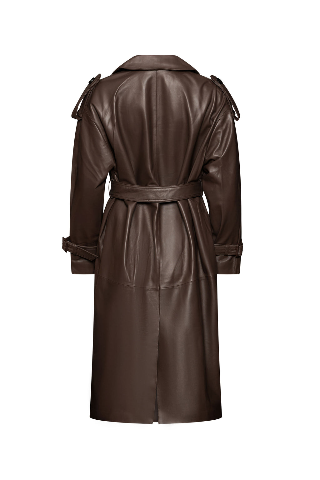 Brown long leather belted trench