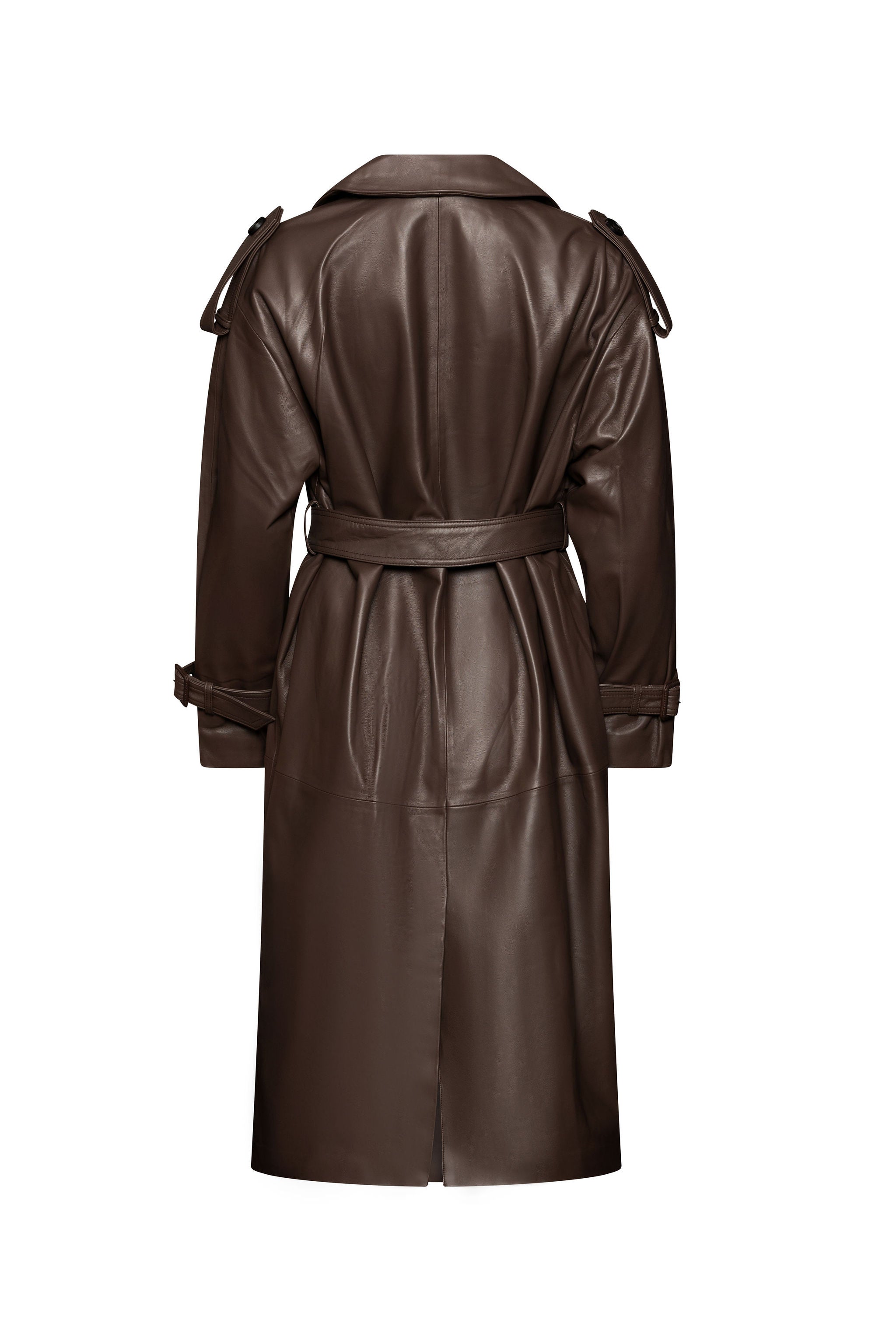 Brown long leather belted trench
