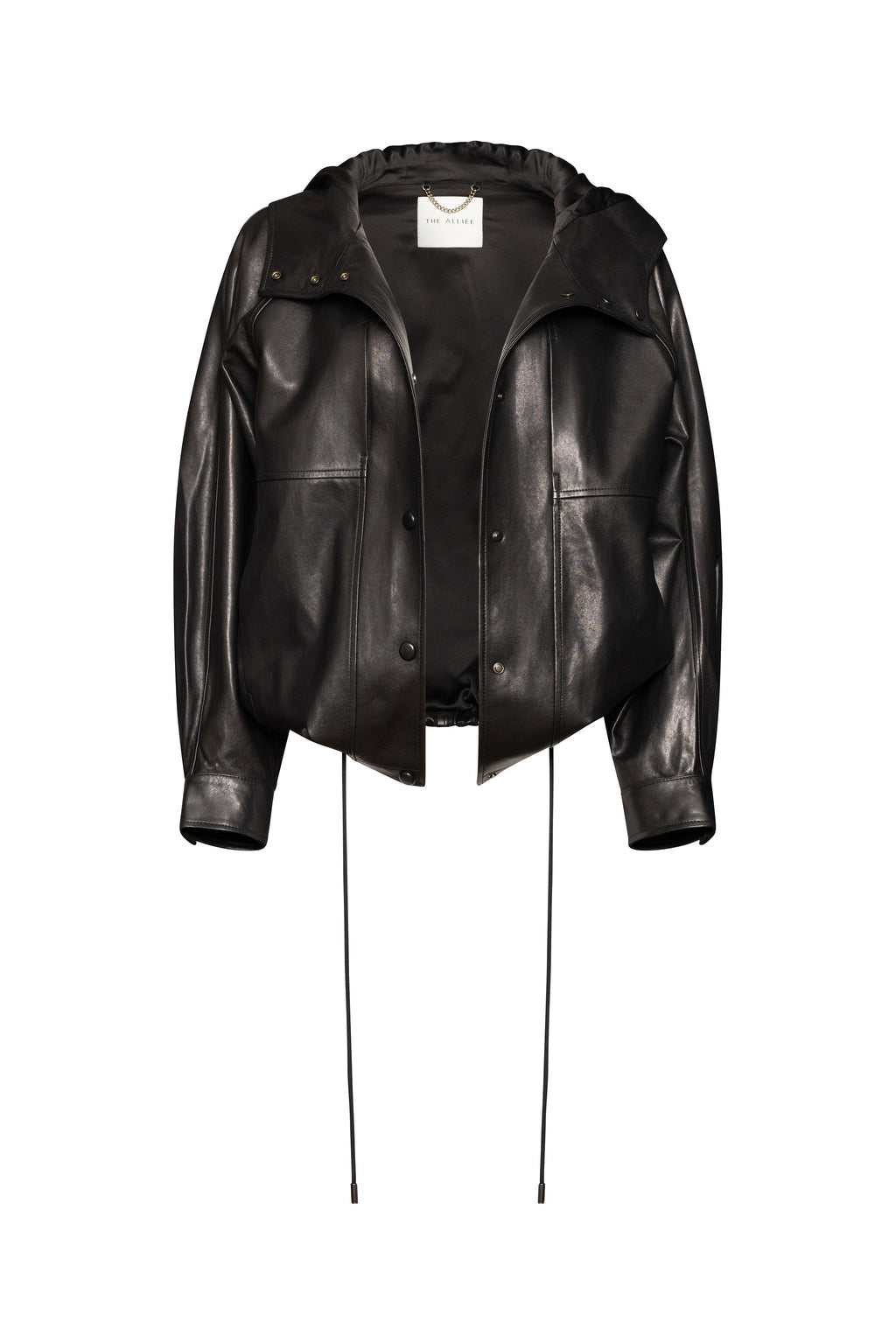 Black leather drawstring windbreaker