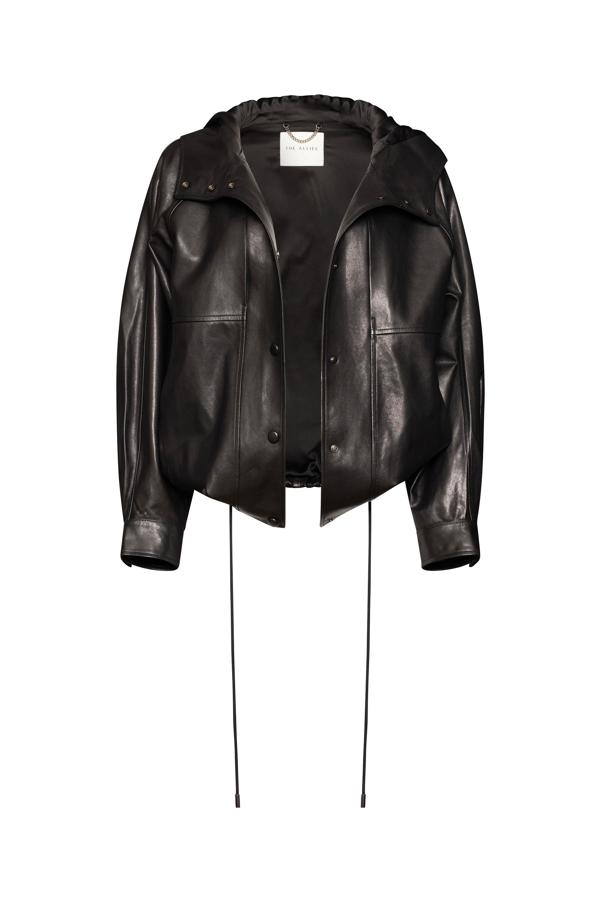 Black leather drawstring windbreaker