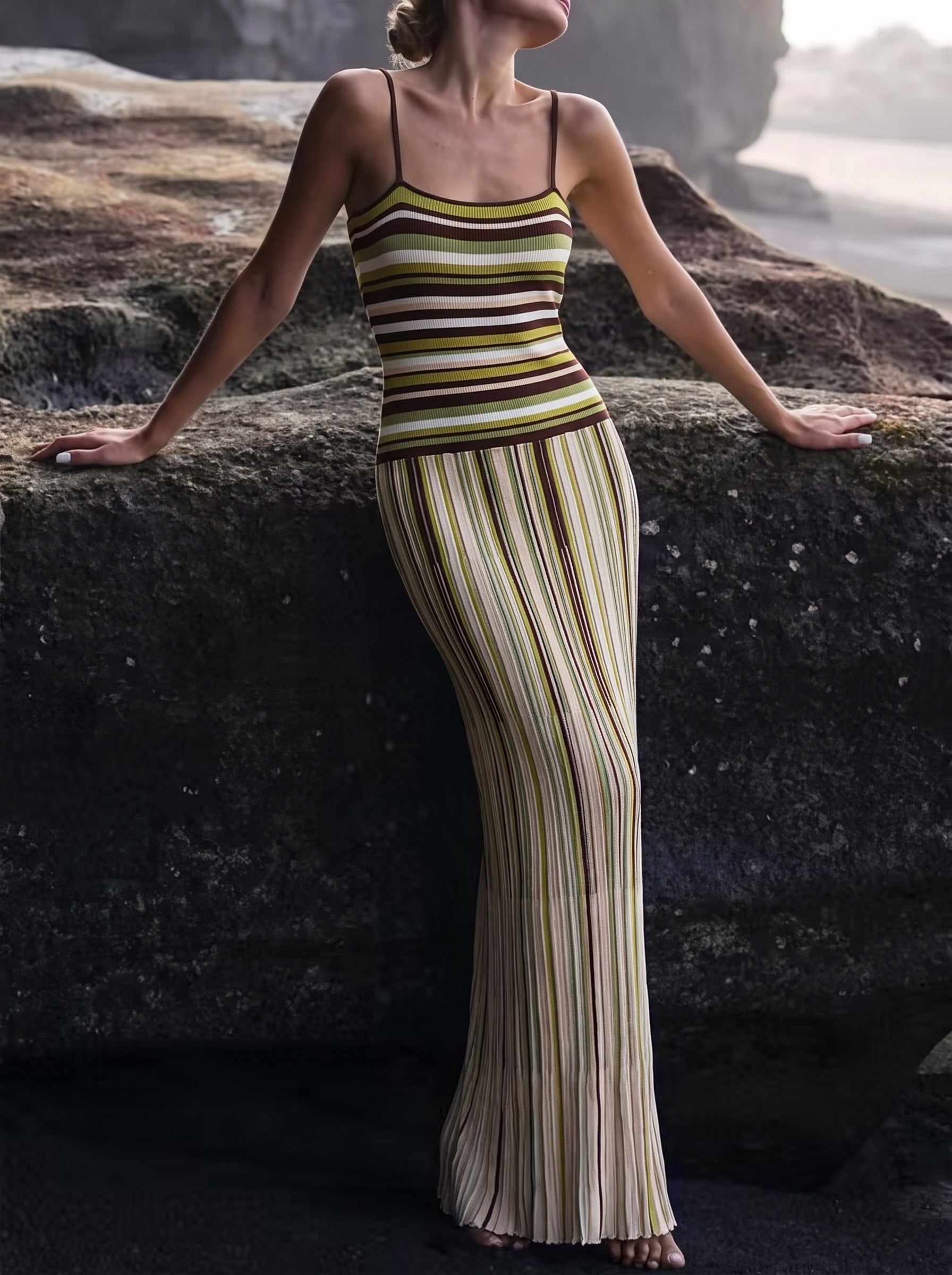 Striped flowy knit maxi dress M