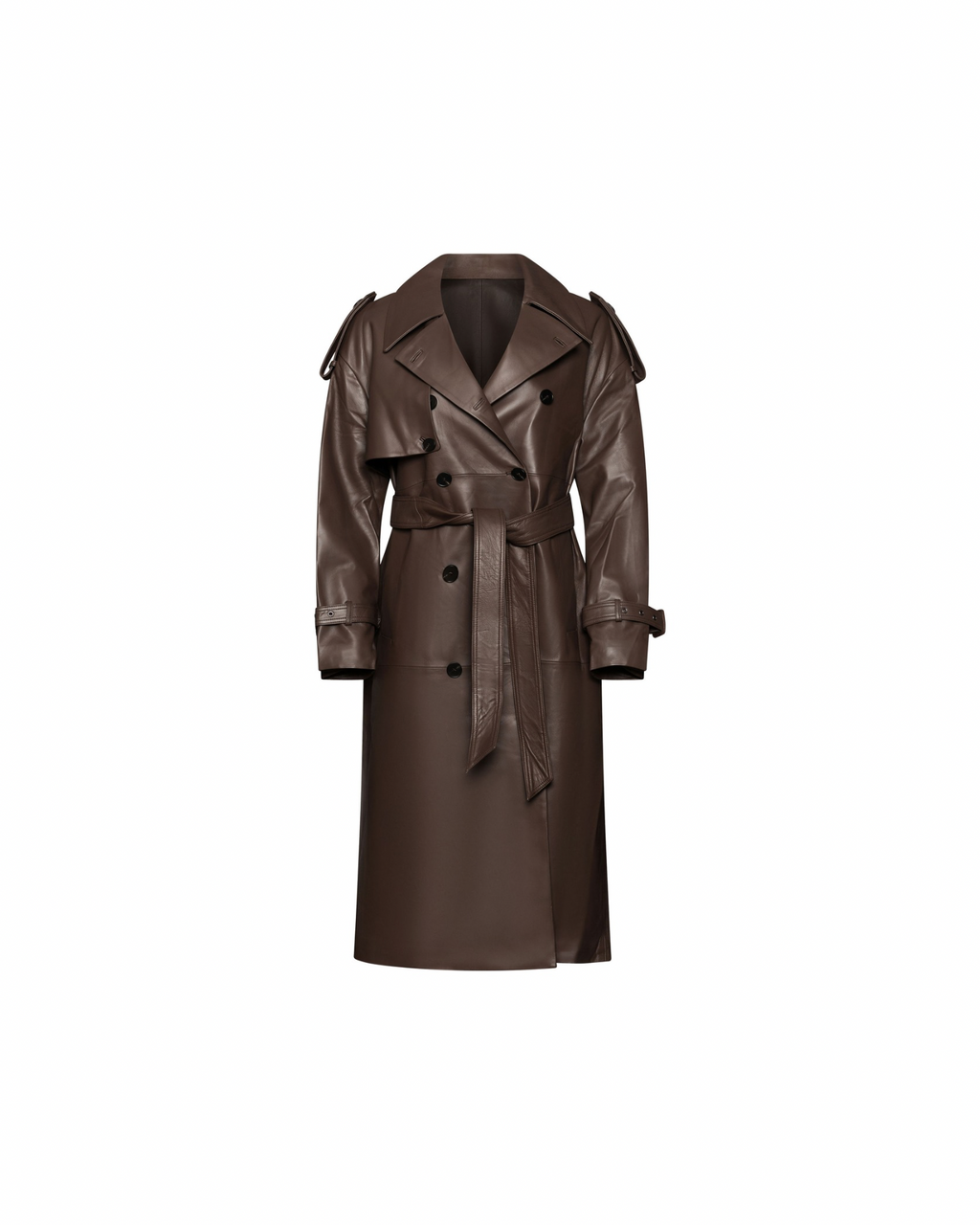 Brown long leather belted trench