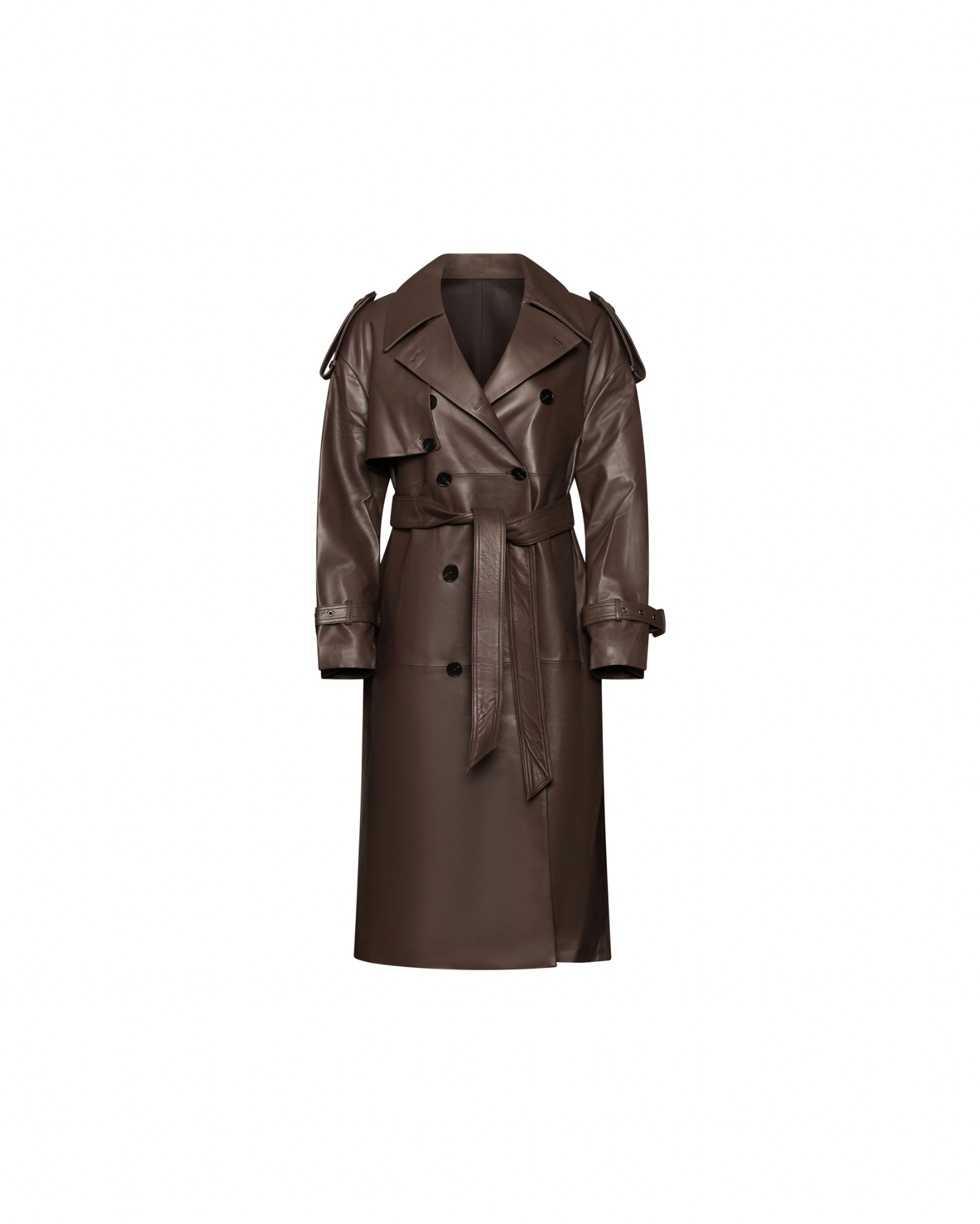 Brown long leather belted trench