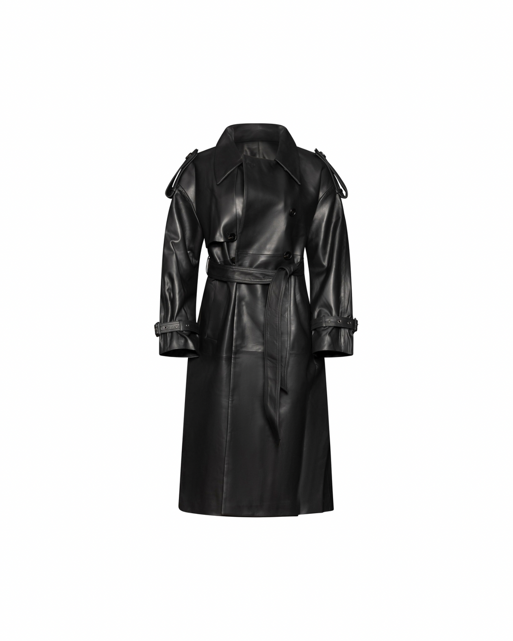 Black long leather belted trench