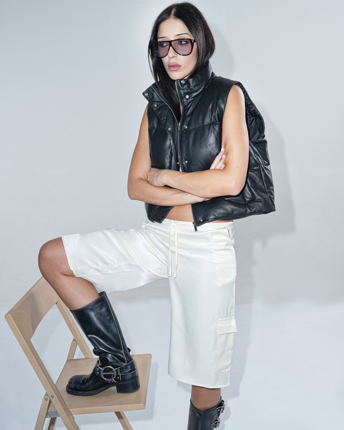 Nia black leather puffer vest