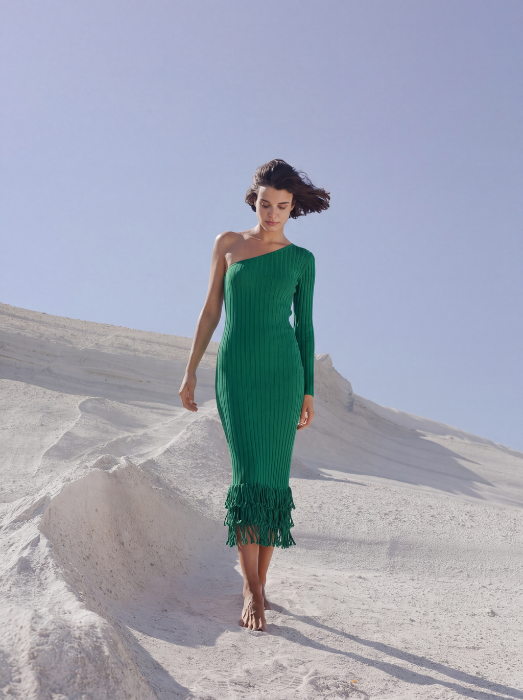 Green one sleeve knit midi dress
