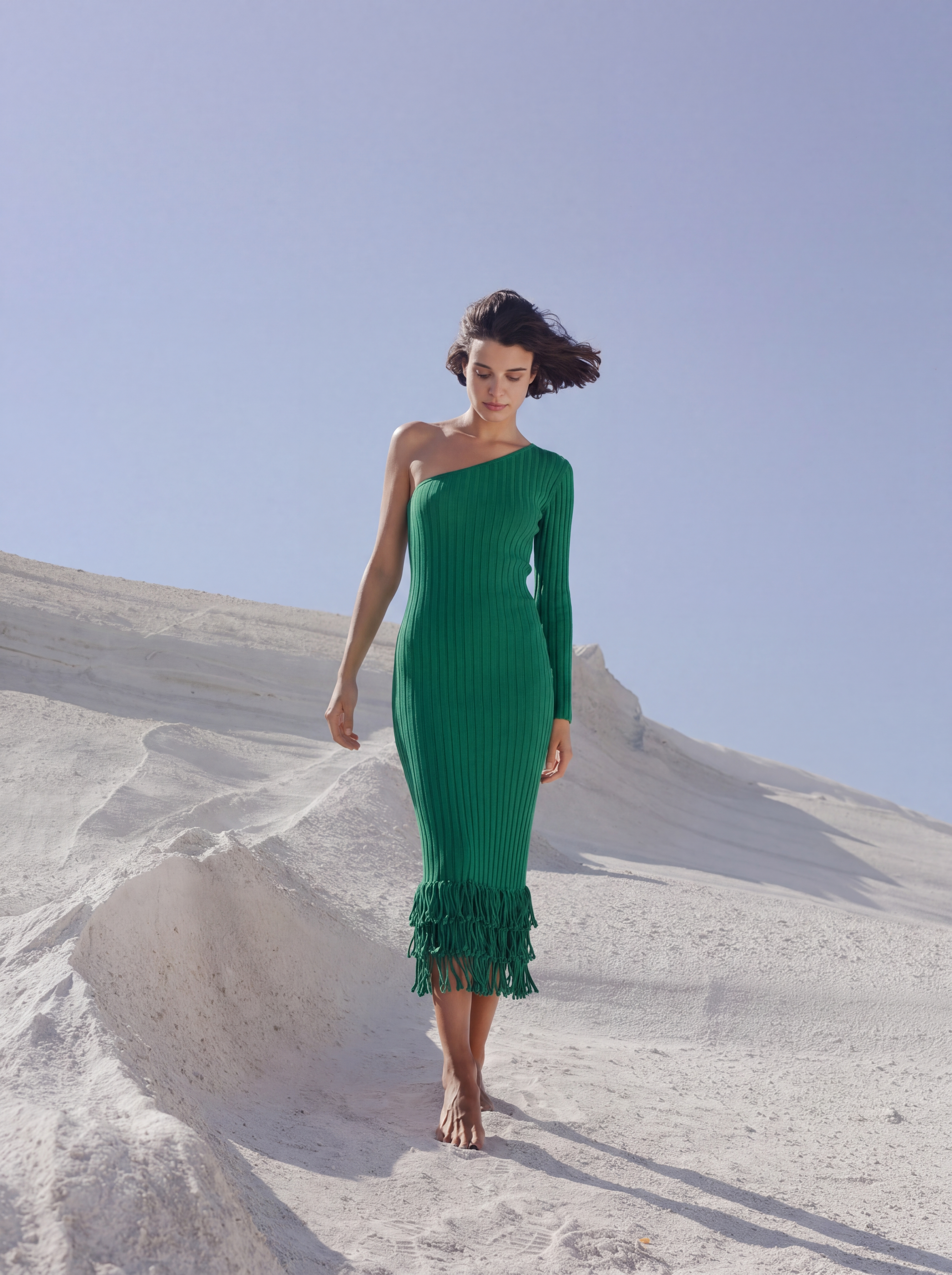 Green one sleeve knit midi dress